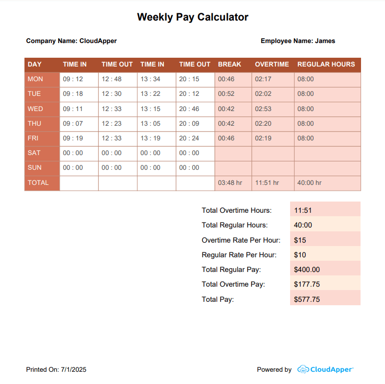 CloudApper Weekly/Bi-Weekly Pay Calculator